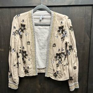 Anthropologie Floral Embroidered Jacket in Cream and Brown